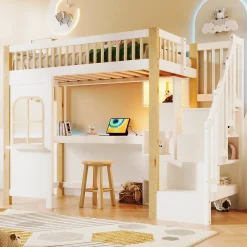 Lit Mezzanine 90x200 cm avec Bureau, LED et Escalier de Rangement - Sans Matelas - Pin et MDF - Blanc et Naturel>Okwish Outlet