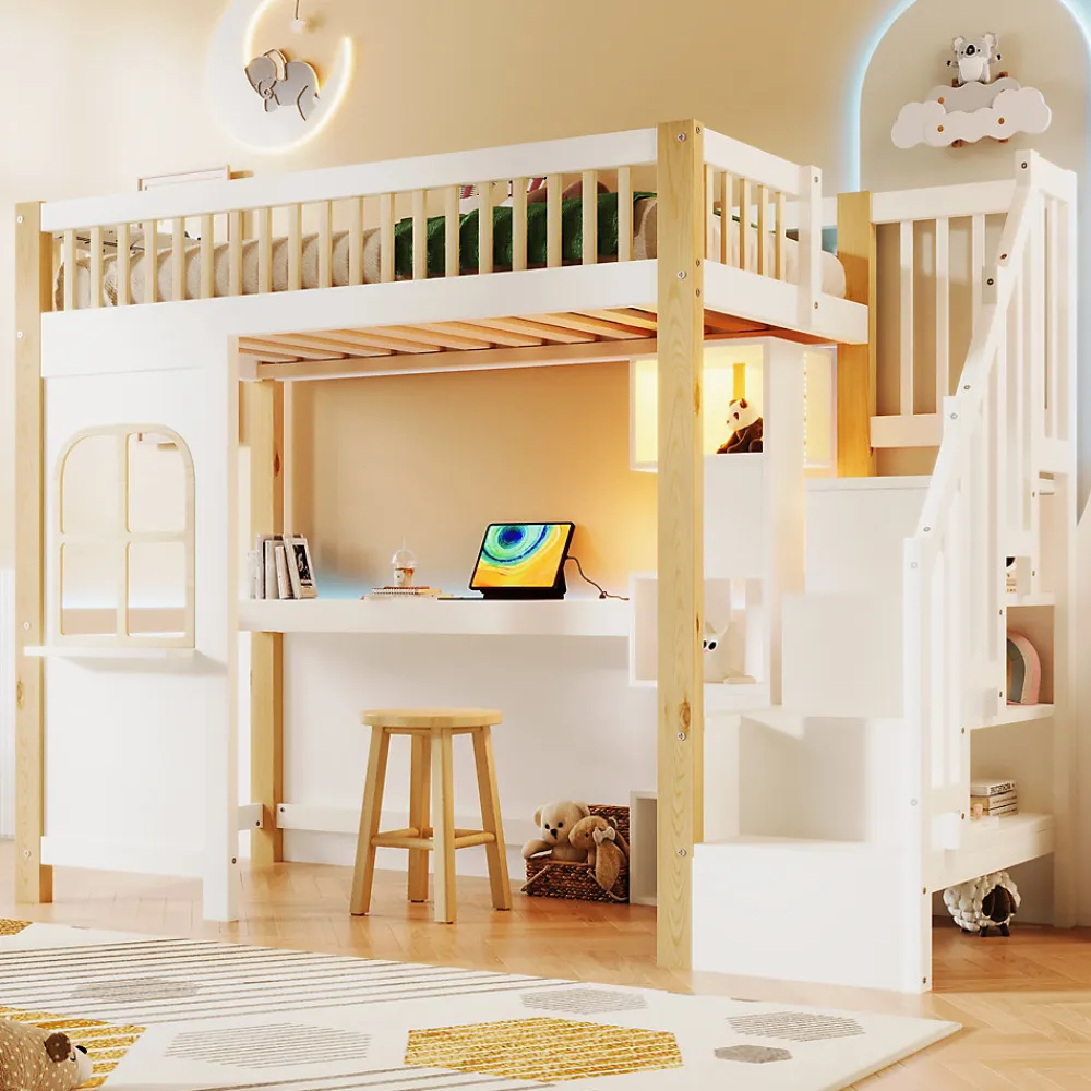 Lit Mezzanine 90x200 cm avec Bureau, LED et Escalier de Rangement - Sans Matelas - Pin et MDF - Blanc et Naturel>Okwish Outlet