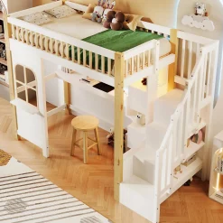 Lit Mezzanine 90x200 cm avec Bureau, LED et Escalier de Rangement - Sans Matelas - Pin et MDF - Blanc et Naturel>Okwish Outlet