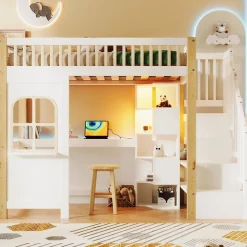 Lit Mezzanine 90x200 cm avec Bureau, LED et Escalier de Rangement - Sans Matelas - Pin et MDF - Blanc et Naturel><noscript><img width=