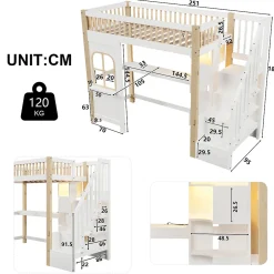 Lit Mezzanine 90x200 cm avec Bureau, LED et Escalier de Rangement - Sans Matelas - Pin et MDF - Blanc et Naturel><noscript><img width=