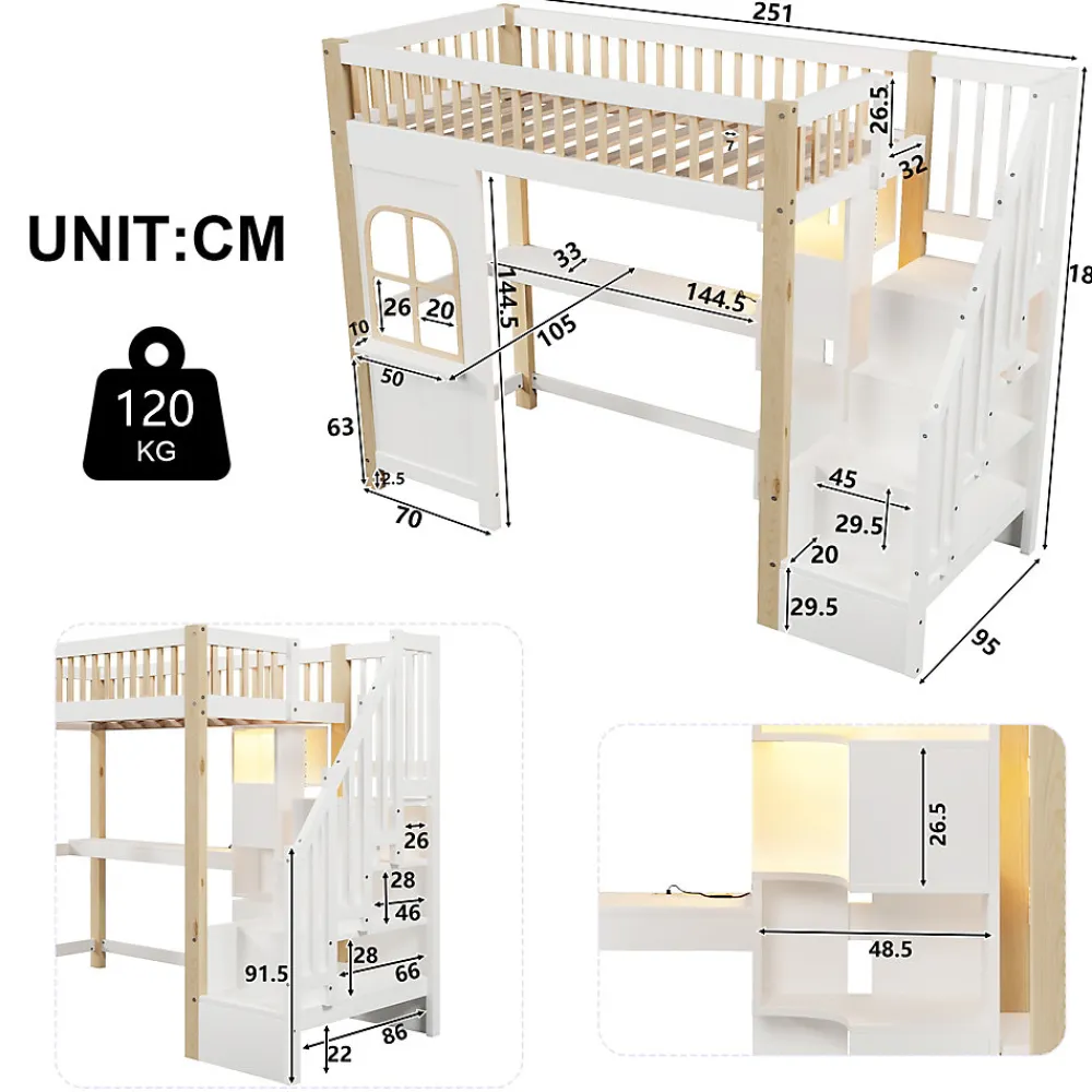 Lit Mezzanine 90x200 cm avec Bureau, LED et Escalier de Rangement - Sans Matelas - Pin et MDF - Blanc et Naturel>Okwish Outlet