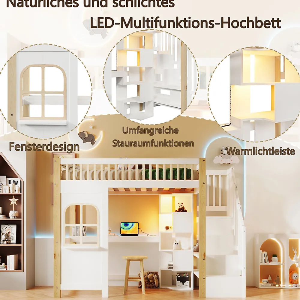 Lit Mezzanine 90x200 cm avec Bureau, LED et Escalier de Rangement - Sans Matelas - Pin et MDF - Blanc et Naturel>Okwish Outlet