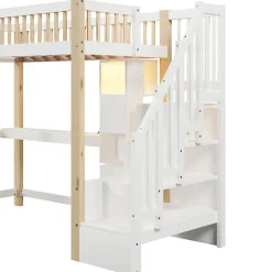 Lit Mezzanine 90x200 cm avec Bureau, LED et Escalier de Rangement - Sans Matelas - Pin et MDF - Blanc et Naturel><noscript><img width=