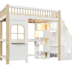 Lit Mezzanine 90x200 cm avec Bureau, LED et Escalier de Rangement - Sans Matelas - Pin et MDF - Blanc et Naturel><noscript><img width=