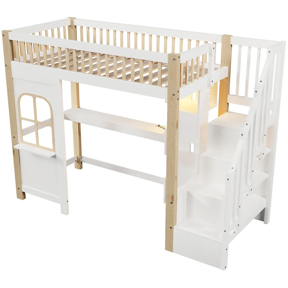 Lit Mezzanine 90x200 cm avec Bureau, LED et Escalier de Rangement - Sans Matelas - Pin et MDF - Blanc et Naturel>Okwish Outlet