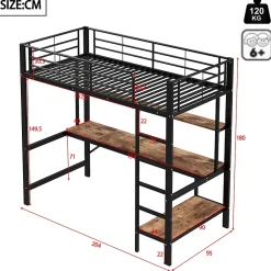 Okwish Lit mezzanine 90x200 cm avec bureau intégré, étagères, LED et prise USB - lit ado/enfant gain de place - métal noir - sans matelas* Lit Mezzanine