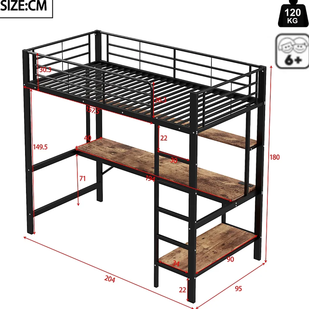 Okwish Lit mezzanine 90x200 cm avec bureau intégré, étagères, LED et prise USB - lit ado/enfant gain de place - métal noir - sans matelas* Lit Mezzanine