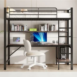 Okwish Lit mezzanine 90x200 cm avec bureau intégré, étagères, LED et prise USB - lit ado/enfant gain de place - métal noir - sans matelas* Lit Mezzanine