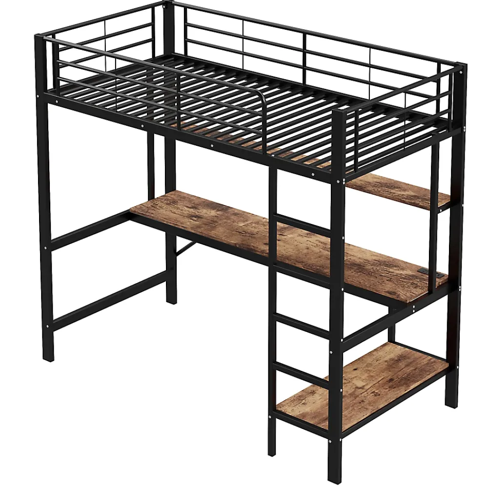 Okwish Lit mezzanine 90x200 cm avec bureau intégré, étagères, LED et prise USB - lit ado/enfant gain de place - métal noir - sans matelas* Lit Mezzanine
