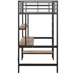 Okwish Lit mezzanine 90x200 cm avec bureau intégré, étagères, LED et prise USB - lit ado/enfant gain de place - métal noir - sans matelas* Lit Mezzanine
