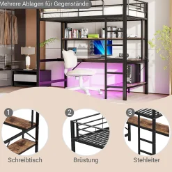 Okwish Lit mezzanine 90x200 cm avec bureau intégré, étagères, LED et prise USB - lit ado/enfant gain de place - métal noir - sans matelas* Lit Mezzanine