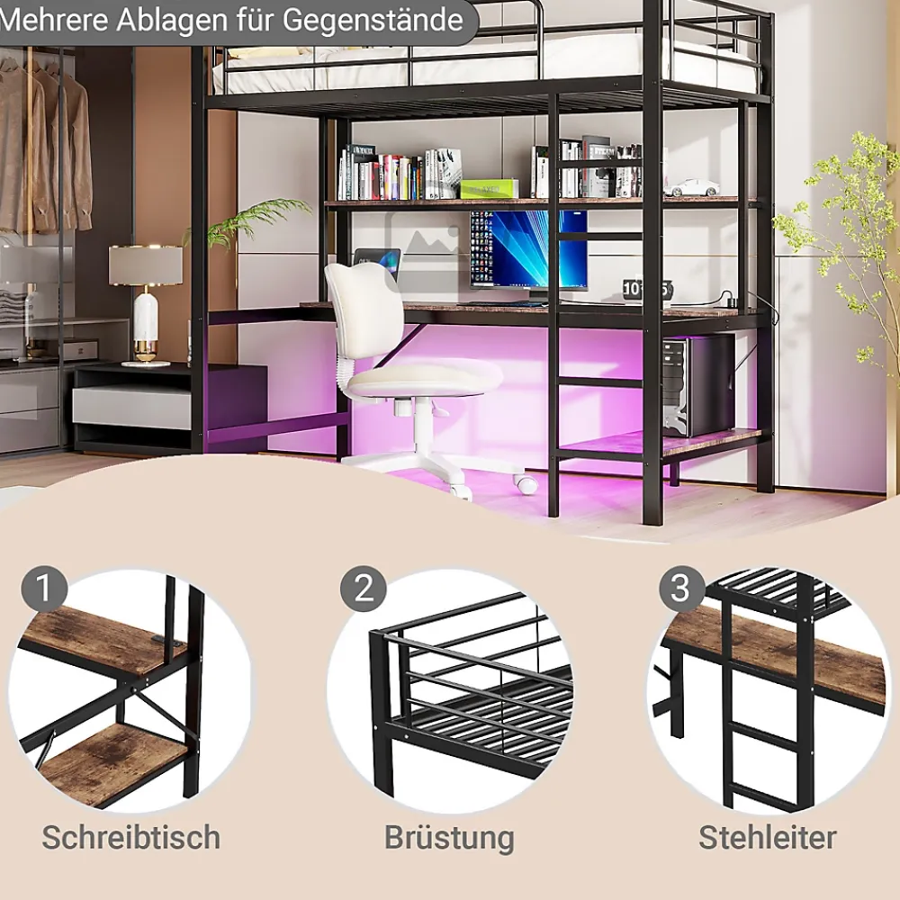 Okwish Lit mezzanine 90x200 cm avec bureau intégré, étagères, LED et prise USB - lit ado/enfant gain de place - métal noir - sans matelas* Lit Mezzanine