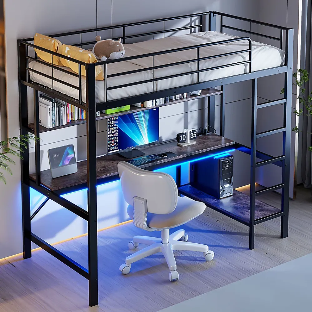 Okwish Lit mezzanine 90x200 cm avec bureau intégré, étagères, LED et prise USB - lit ado/enfant gain de place - métal noir - sans matelas* Lit Mezzanine