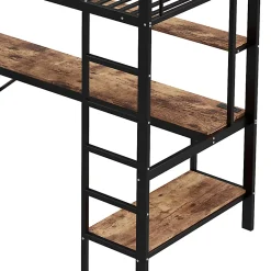 Okwish Lit mezzanine 90x200 cm avec bureau intégré, étagères, LED et prise USB - lit ado/enfant gain de place - métal noir - sans matelas* Lit Mezzanine