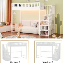 Lit mezzanine 90x200 cm avec échelle de sécurité - avec barrières de sécurité - lumières LED - blanc (sans matelas)>ModernLuxe Clearance