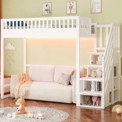 Lit mezzanine 90x200 cm avec échelle de sécurité - avec barrières de sécurité - lumières LED - blanc (sans matelas)><noscript><img width=