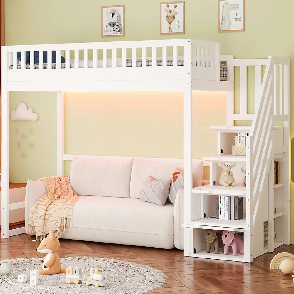 Lit mezzanine 90x200 cm avec échelle de sécurité - avec barrières de sécurité - lumières LED - blanc (sans matelas)>ModernLuxe Clearance