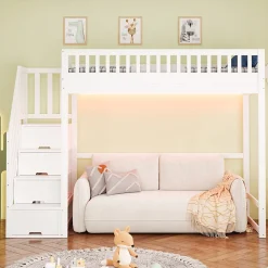 Lit mezzanine 90x200 cm avec échelle de sécurité - avec barrières de sécurité - lumières LED - blanc (sans matelas)><noscript><img width=