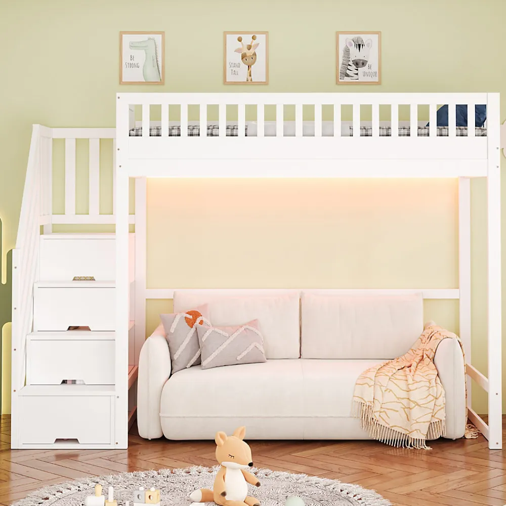 Lit mezzanine 90x200 cm avec échelle de sécurité - avec barrières de sécurité - lumières LED - blanc (sans matelas)>ModernLuxe Clearance