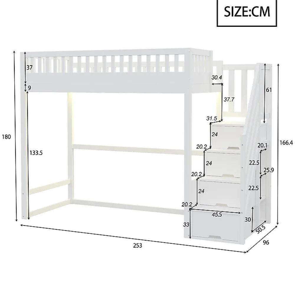 Lit mezzanine 90x200 cm avec échelle de sécurité - avec barrières de sécurité - lumières LED - blanc (sans matelas)>ModernLuxe Clearance