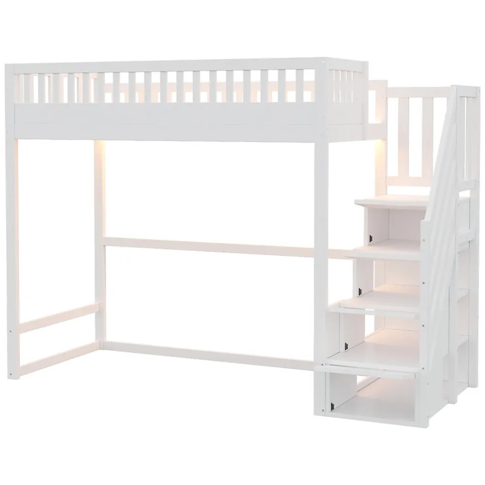 Lit mezzanine 90x200 cm avec échelle de sécurité - avec barrières de sécurité - lumières LED - blanc (sans matelas)>ModernLuxe Clearance