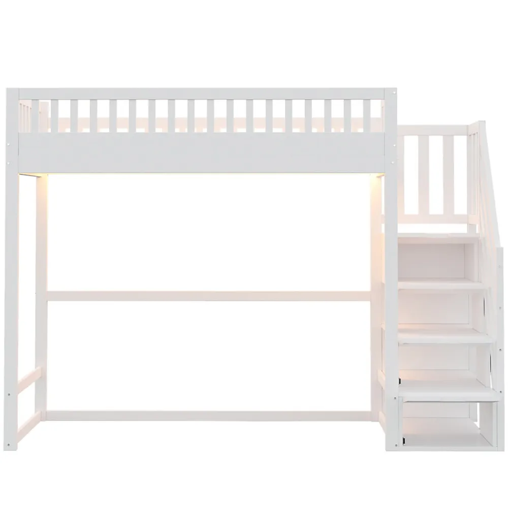 Lit mezzanine 90x200 cm avec échelle de sécurité - avec barrières de sécurité - lumières LED - blanc (sans matelas)>ModernLuxe Clearance