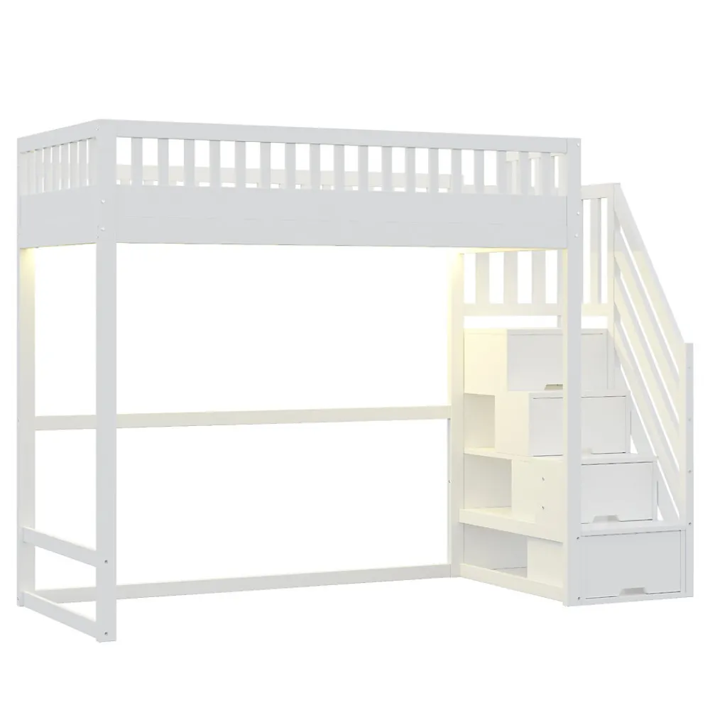 Lit mezzanine 90x200 cm avec échelle de sécurité - avec barrières de sécurité - lumières LED - blanc (sans matelas)>ModernLuxe Clearance