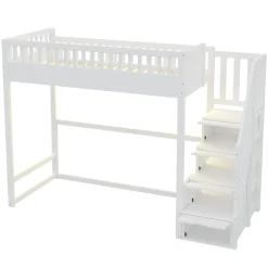 Lit mezzanine 90x200 cm avec échelle de sécurité - avec barrières de sécurité - lumières LED - blanc (sans matelas)><noscript><img width=