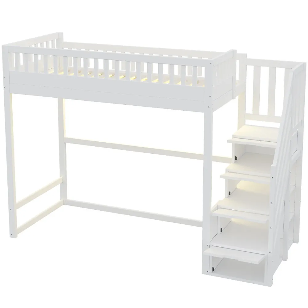 Lit mezzanine 90x200 cm avec échelle de sécurité - avec barrières de sécurité - lumières LED - blanc (sans matelas)>ModernLuxe Clearance