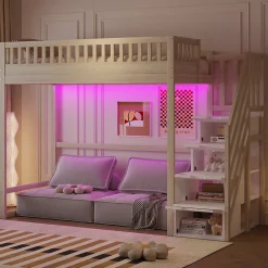 Lit mezzanine 90x200 cm avec échelle de sécurité - avec barrières de sécurité - lumières LED - naturel(sans matelas)>ModernLuxe Online