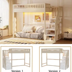 Lit mezzanine 90x200 cm avec échelle de sécurité - avec barrières de sécurité - lumières LED - naturel(sans matelas)>ModernLuxe Online