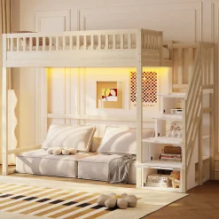 Lit mezzanine 90x200 cm avec échelle de sécurité - avec barrières de sécurité - lumières LED - naturel(sans matelas)><noscript><img width=
