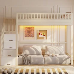 Lit mezzanine 90x200 cm avec échelle de sécurité - avec barrières de sécurité - lumières LED - naturel(sans matelas)><noscript><img width=
