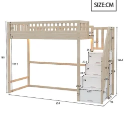 Lit mezzanine 90x200 cm avec échelle de sécurité - avec barrières de sécurité - lumières LED - naturel(sans matelas)><noscript><img width=
