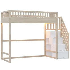 Lit mezzanine 90x200 cm avec échelle de sécurité - avec barrières de sécurité - lumières LED - naturel(sans matelas)><noscript><img width=