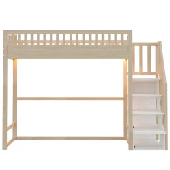 Lit mezzanine 90x200 cm avec échelle de sécurité - avec barrières de sécurité - lumières LED - naturel(sans matelas)><noscript><img width=