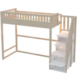 Lit mezzanine 90x200 cm avec échelle de sécurité - avec barrières de sécurité - lumières LED - naturel(sans matelas)><noscript><img width=