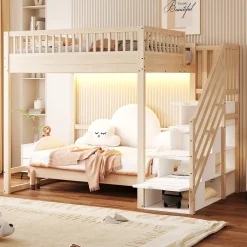 Lit mezzanine 140x200 cm avec échelle de sécurité - avec barrières de sécurité - lumières LED - naturel(sans matelas)>ModernLuxe Outlet
