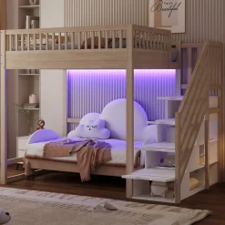 Lit mezzanine 140x200 cm avec échelle de sécurité - avec barrières de sécurité - lumières LED - naturel(sans matelas)><noscript><img width=