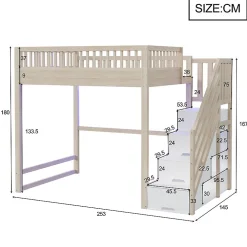 Lit mezzanine 140x200 cm avec échelle de sécurité - avec barrières de sécurité - lumières LED - naturel(sans matelas)><noscript><img width=