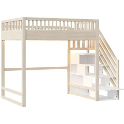 Lit mezzanine 140x200 cm avec échelle de sécurité - avec barrières de sécurité - lumières LED - naturel(sans matelas)><noscript><img width=