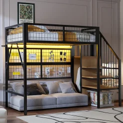 Lit mezzanine 90x200 cm avec échelle à rangements et bande LED pilotable, structure métal noir>Redom Sale