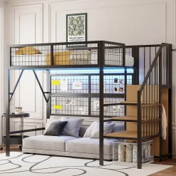 Lit mezzanine 90x200 cm avec échelle à rangements et bande LED pilotable, structure métal noir><noscript><img width=