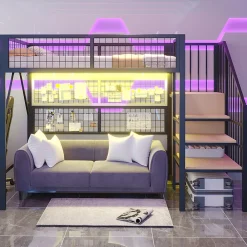 Lit mezzanine 90x200 cm avec échelle à rangements et bande LED pilotable, structure métal noir><noscript><img width=