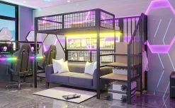 Lit mezzanine 90x200 cm avec échelle à rangements et bande LED pilotable, structure métal noir><noscript><img width=