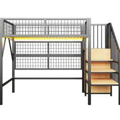Lit mezzanine 90x200 cm avec échelle à rangements et bande LED pilotable, structure métal noir><noscript><img width=