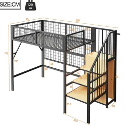 Lit mezzanine 90x200 cm avec échelle à rangements et bande LED pilotable, structure métal noir><noscript><img width=