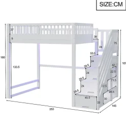 ModernLuxe Lit mezzanine 140x200 cm avec échelle de sécurité - avec barrières de sécurité - lumières LED - blanc (sans matelas)* Lit Mezzanine