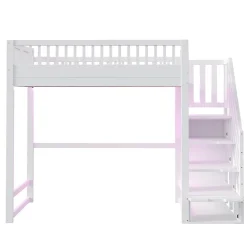 ModernLuxe Lit mezzanine 140x200 cm avec échelle de sécurité - avec barrières de sécurité - lumières LED - blanc (sans matelas)* Lit Mezzanine